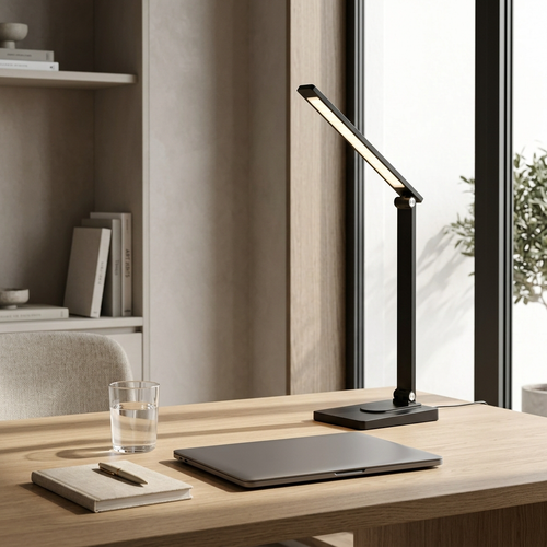 The Beam cordless desk lamp lit on a desk in daylight