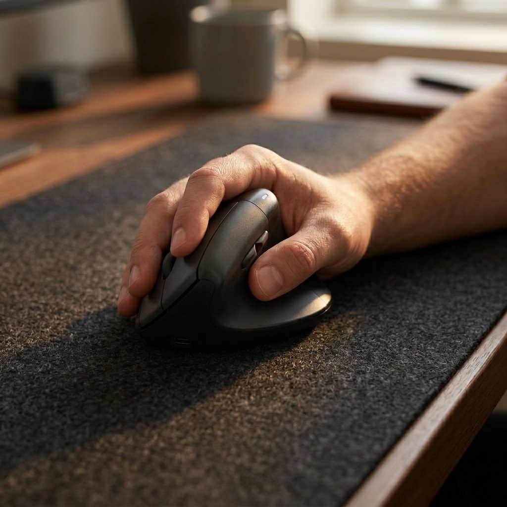Verna ergonomic vertical mouse in use on a desk mat in natural light